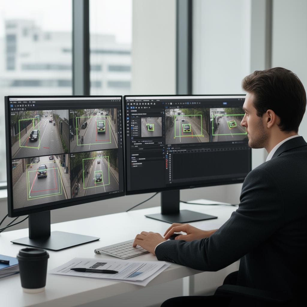 Data scientist annotating CCTV video frames with bounding boxes for custom AI model training