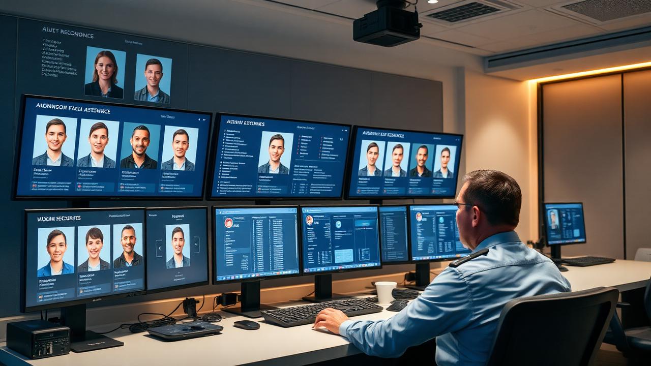 Security officer monitoring facial recognition attendance dashboard with multiple screens showing employee identification and attendance data