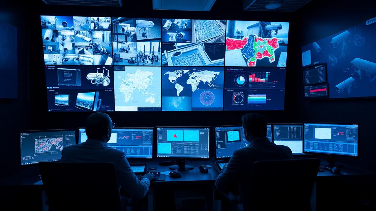 Modern security operations centre with operators monitoring a large video wall displaying CCTV feeds, maps, and analytics dashboards