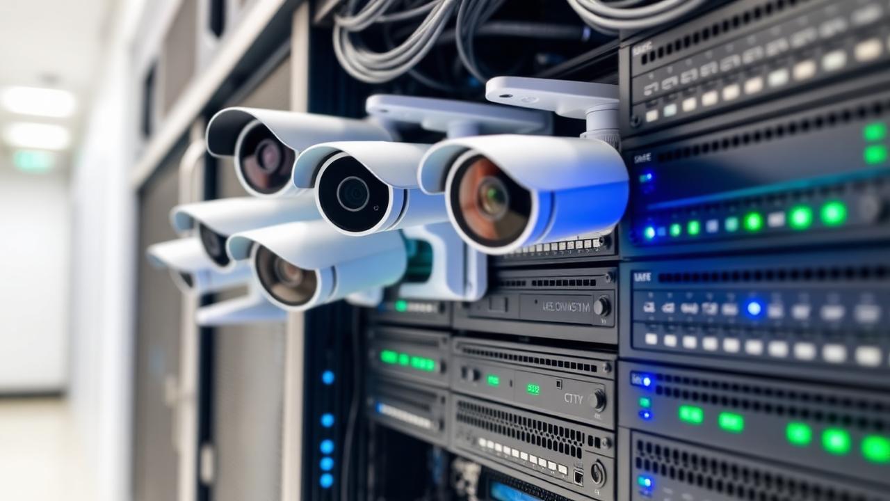 IP CCTV security cameras and network equipment mounted in a professional server rack in a UK data centre