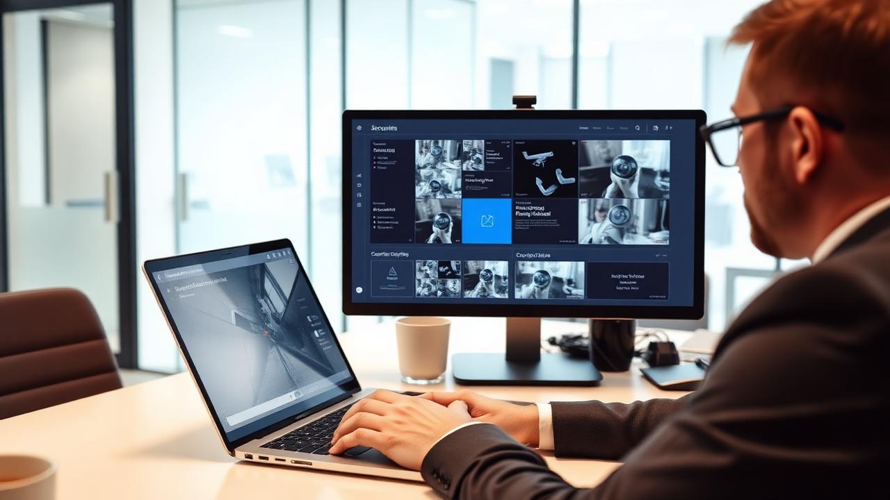 Security manager reviewing AI-powered security dashboard on laptop and monitor in a modern UK office environment