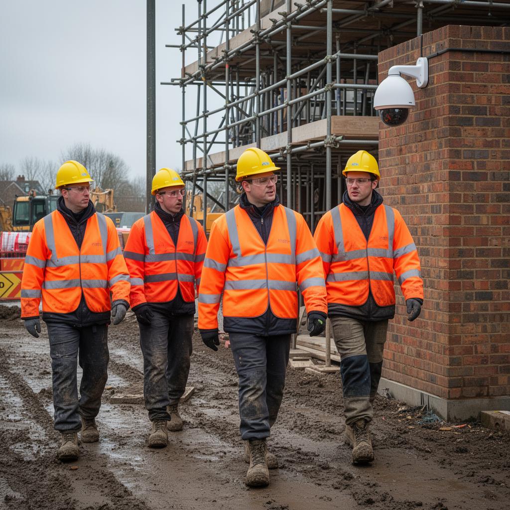 Construction workers wearing full PPE including hard hats and high-vis vests on a UK building site monitored by CCTV