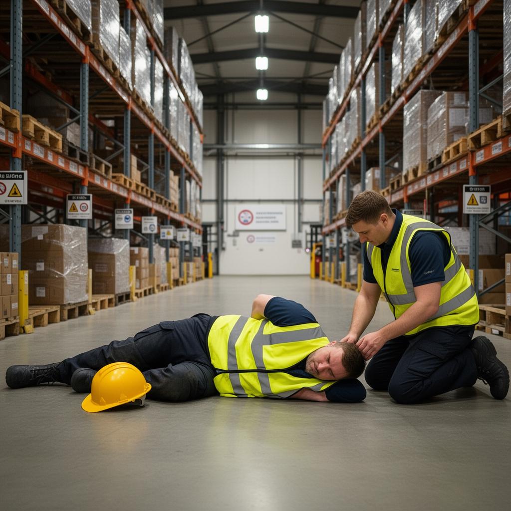 Warehouse worker collapsed on floor being attended to by colleague, demonstrating man-down detection scenario