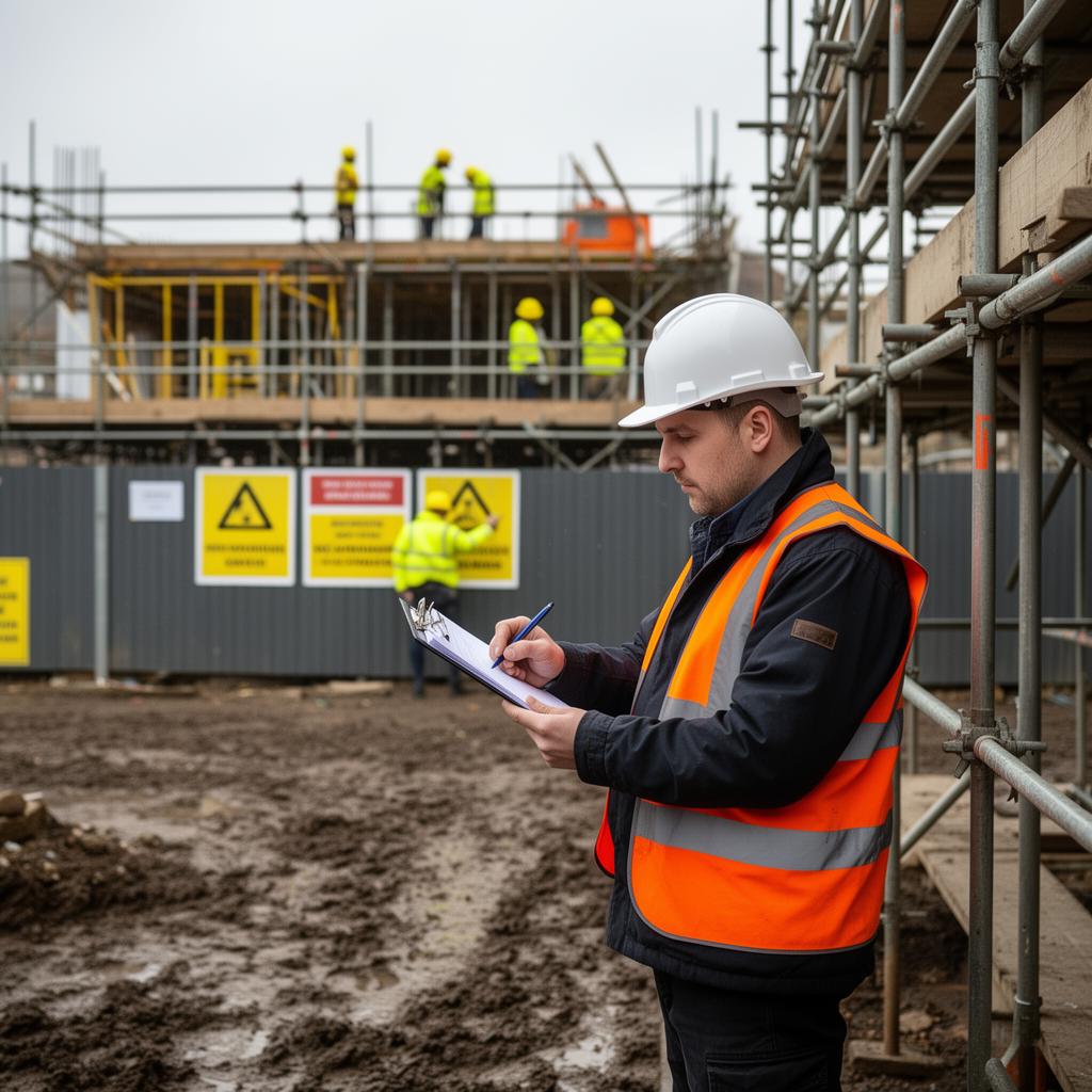 UK construction site manager conducting a safety inspection with clipboard while workers in PPE work on scaffolding