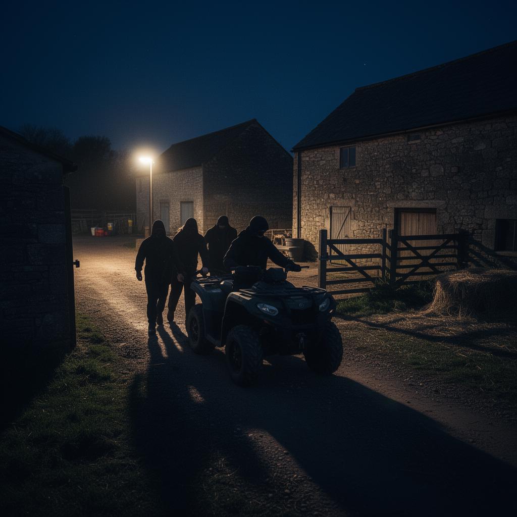 Quad bike being stolen from a farmyard at night by hooded figures captured on CCTV security camera