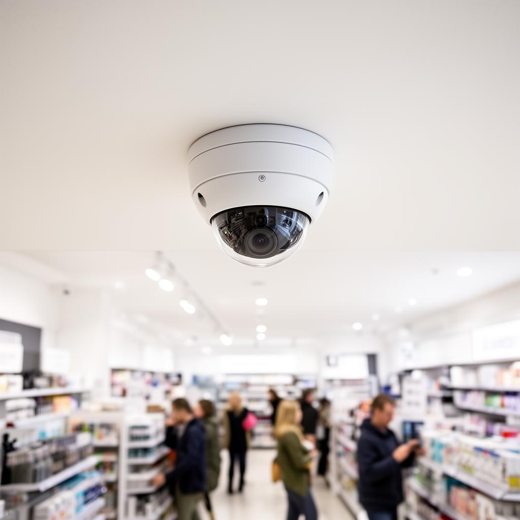 Dome CCTV security camera mounted on the ceiling of a UK supermarket aisle monitoring shoppers
