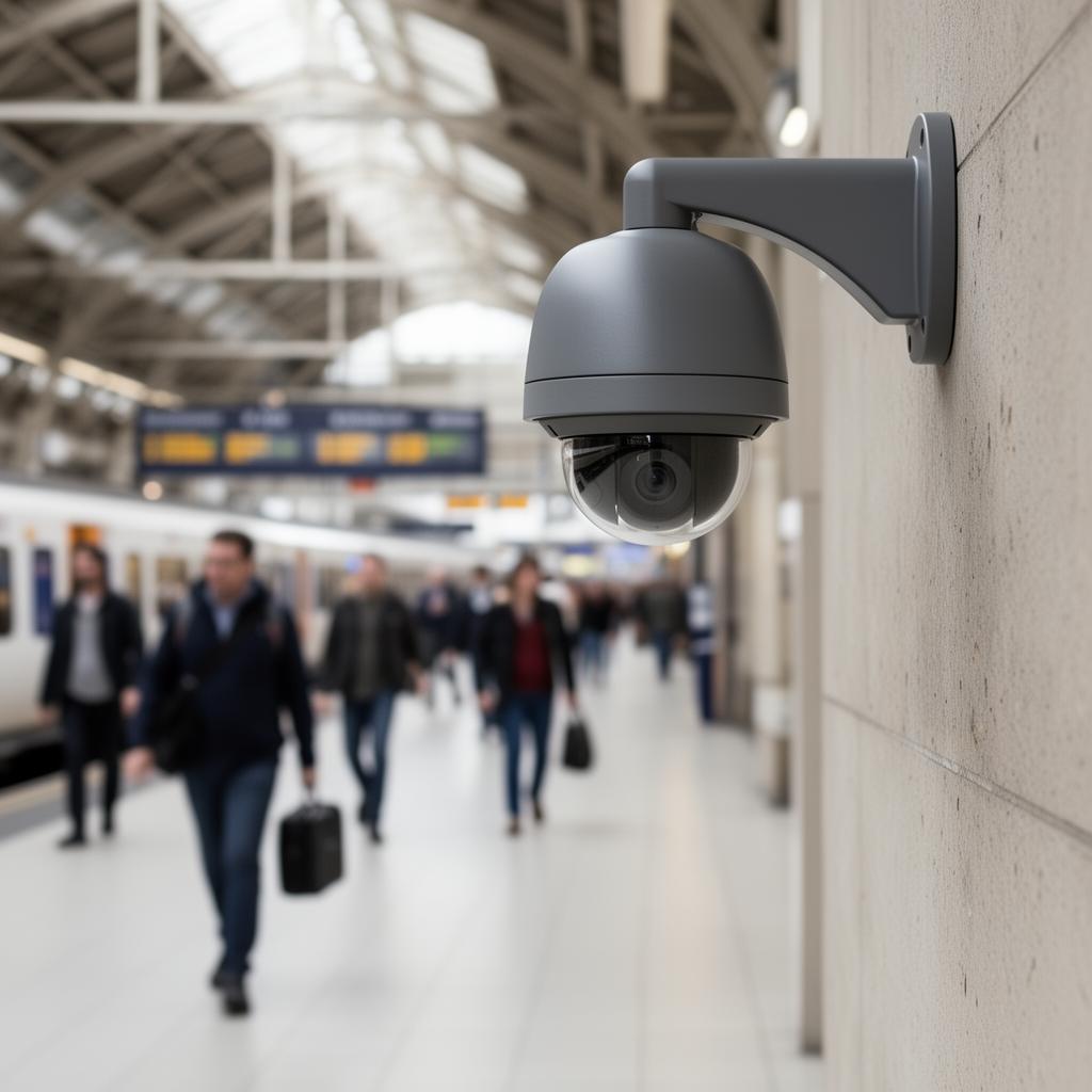 AI-powered CCTV camera monitoring a busy UK train station for weapon and threat detection