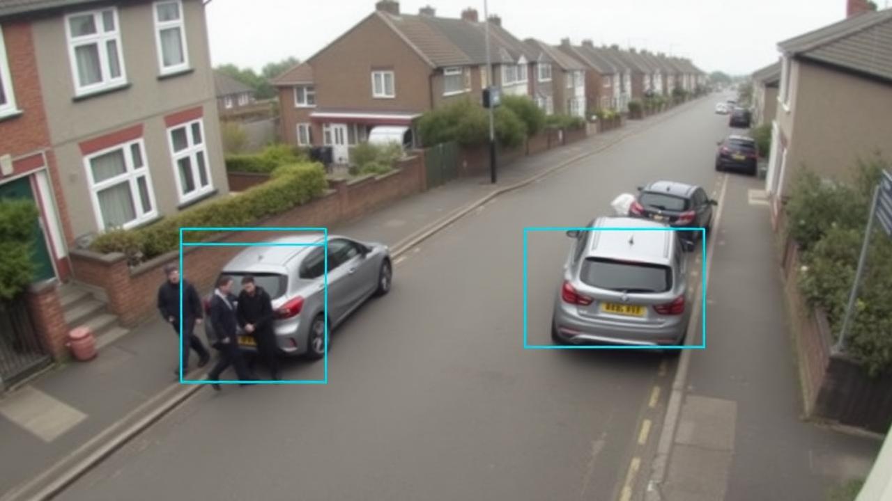 AI detection bounding boxes around pedestrians and vehicles on a UK street