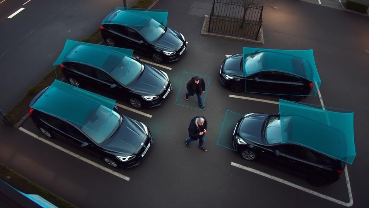 Overhead AI detection of cars and people in a UK car park