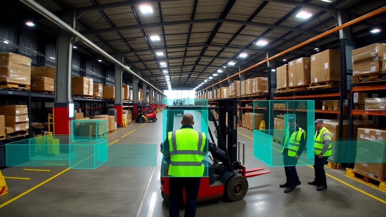 AI detection identifying workers and a forklift in a UK warehouse
