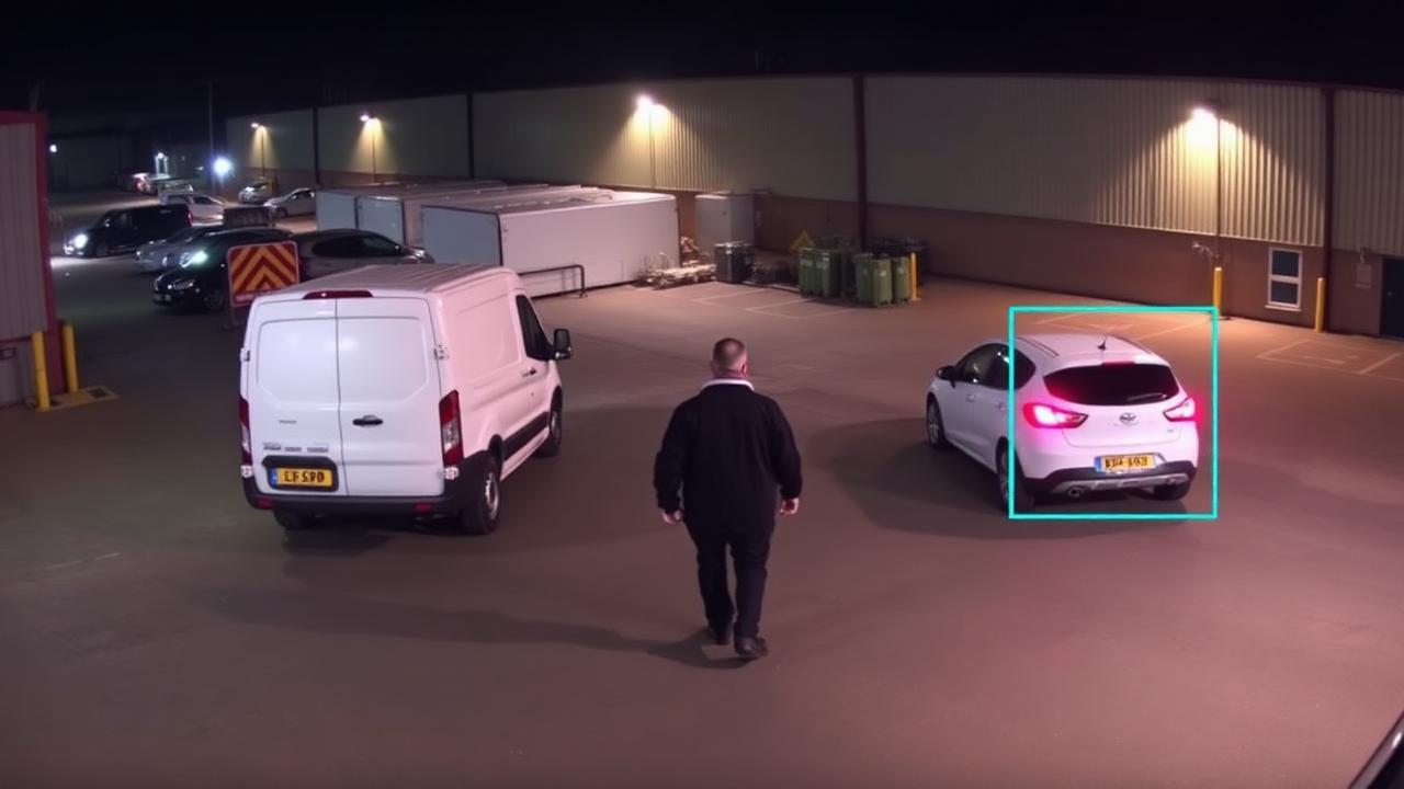 Night-time AI detection of vehicles and a pedestrian in a UK industrial yard